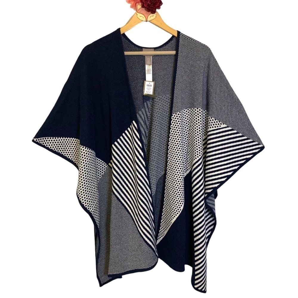 Chico’s shawl navy blue white colorblock stripe dot 100% cotton one size